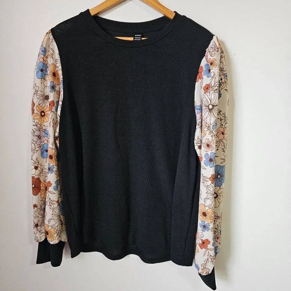 LIKE NEW SHEIN FLORAL LONG SLEEVES CREW NECK TOP SIZE LARGE